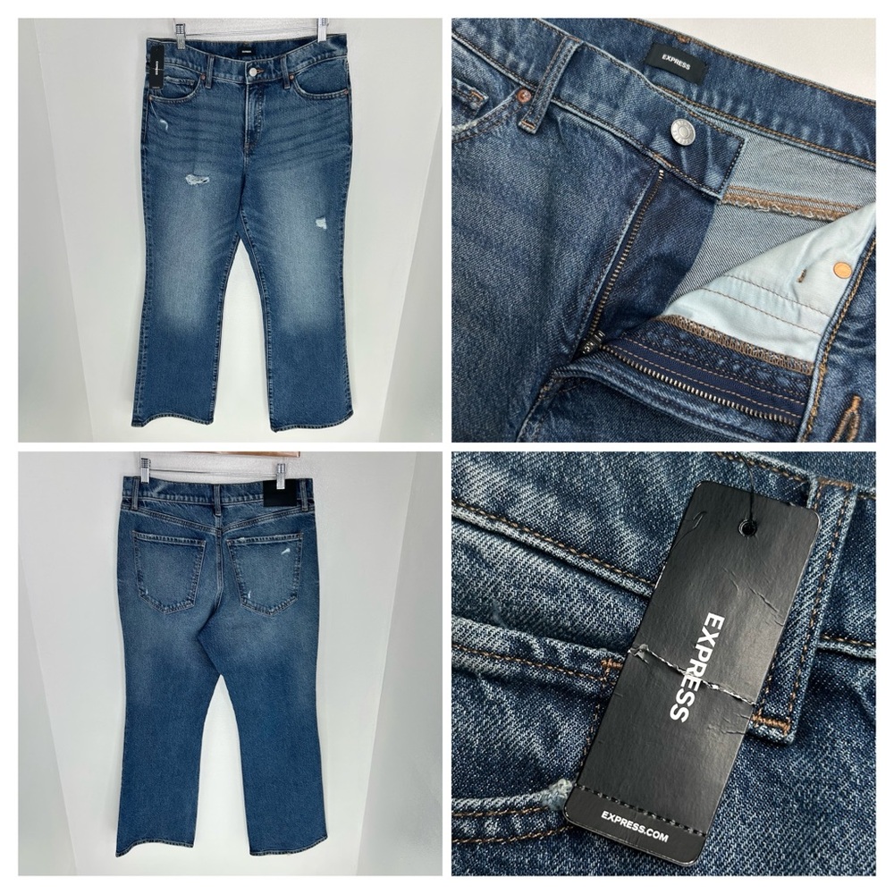 Express NWT Boot Cut‎ Mid Rise Stretch Jeans Size 10S Distressed Denim 31x28.5